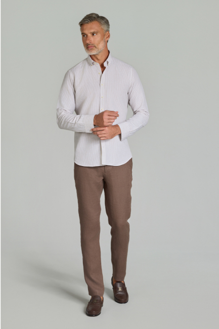 Regular Fit Paşa Yaka Cepsiz Açık Kahve Erkek Gömlek - (1)