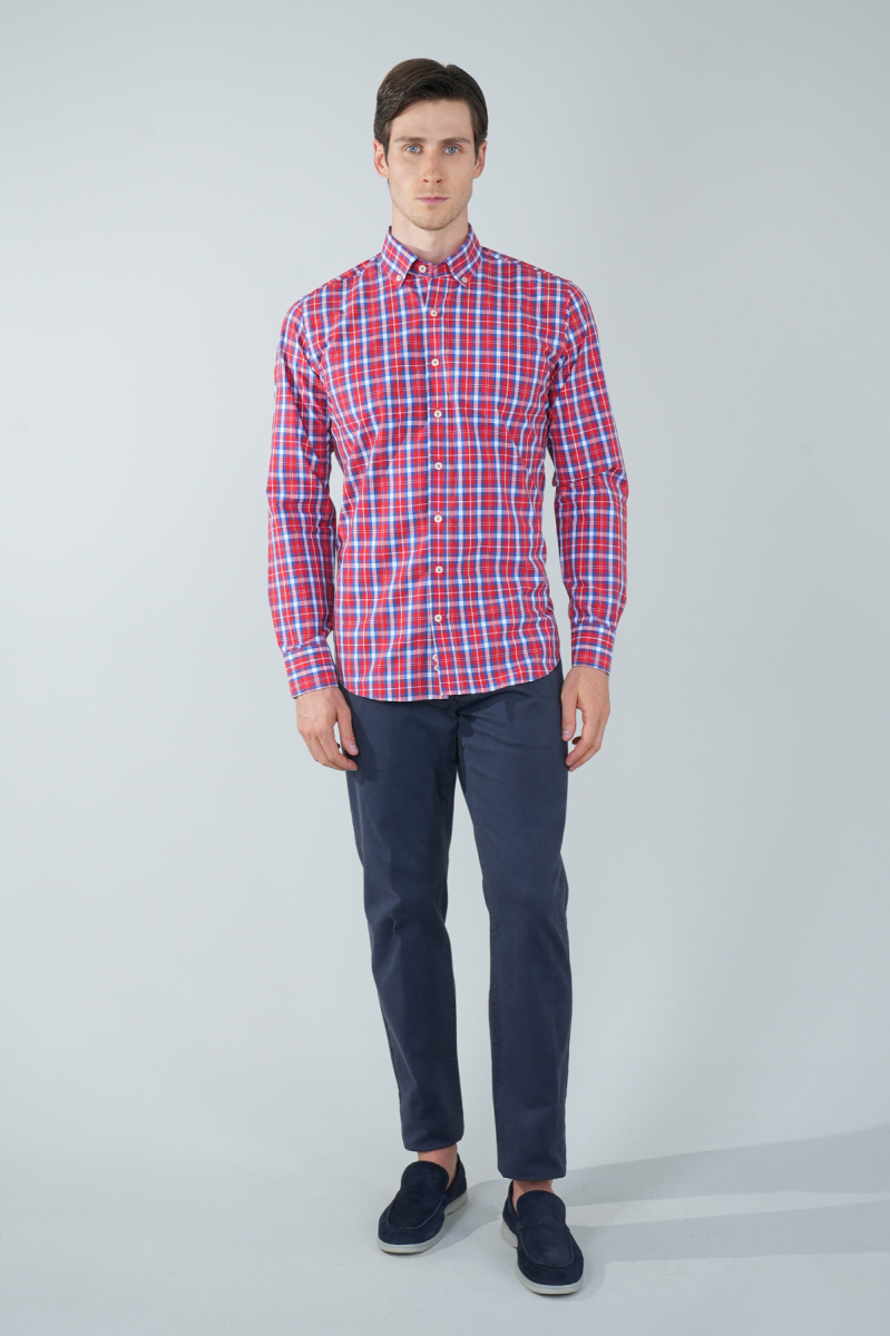 Uzun Kol Paşa Yaka Cepsiz Kırmızı Pamuk Erkek Gömlek - 5