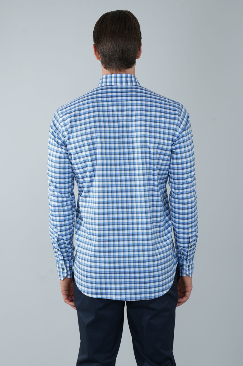 Uzun Kol Paşa Yaka Cepsiz Mavi Pamuk Erkek Gömlek (1)