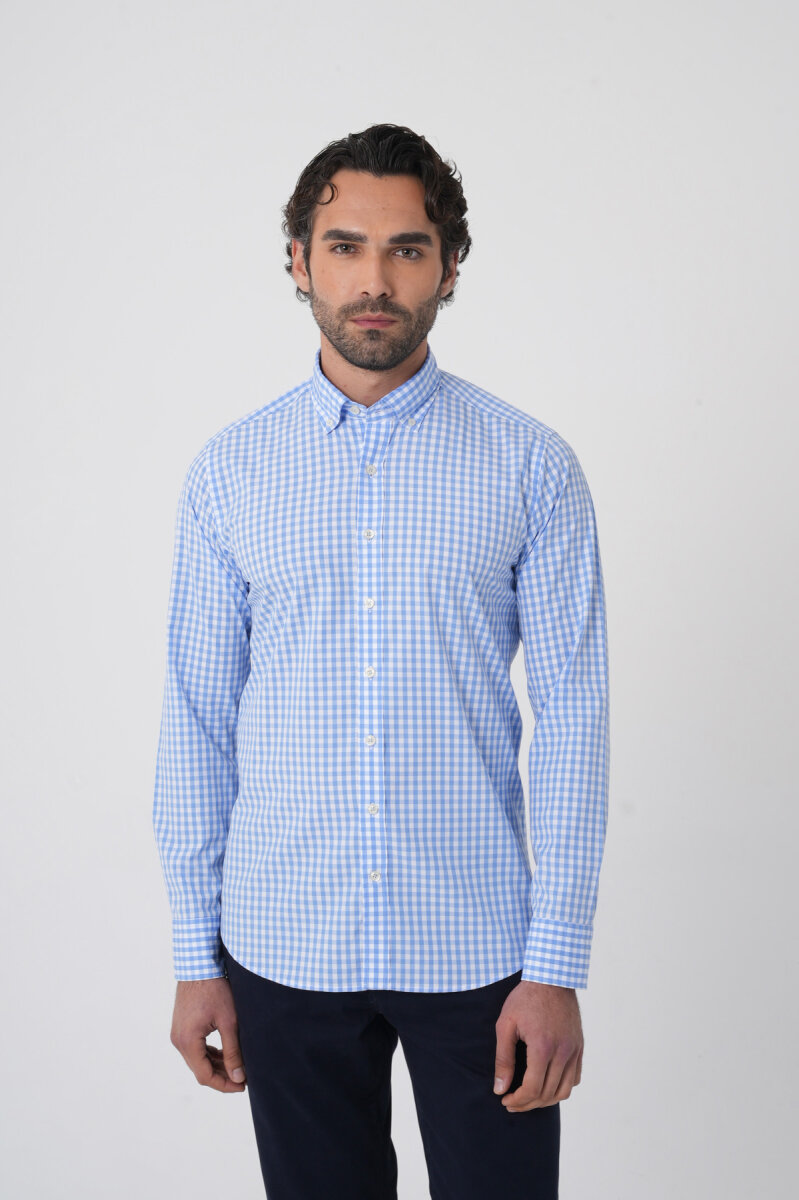 Erkek Regular Fit Uzun Kol Paşa Yaka Erkek Regular Pamuk Mavi Gömlek