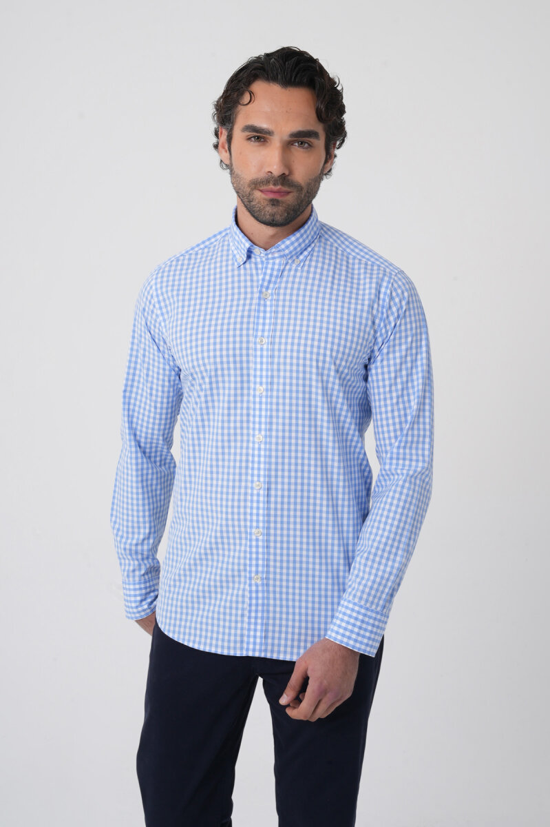 Erkek Regular Fit Uzun Kol Paşa Yaka Erkek Regular Pamuk Mavi Gömlek (1)
