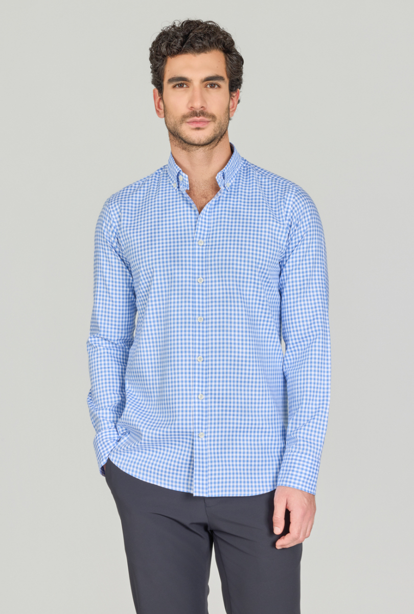 Regular Fit Paşa Yaka Cepsiz Mavi Erkek Gömlek - 1
