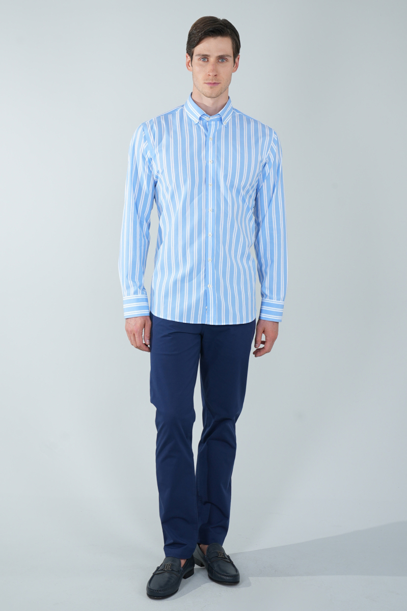 Uzun Kol Paşa Yaka Cepsiz Mavi Pamuk Erkek Gömlek