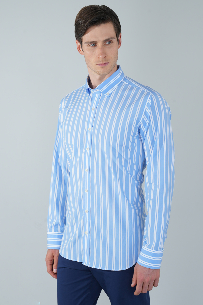 Uzun Kol Paşa Yaka Cepsiz Mavi Pamuk Erkek Gömlek - 5