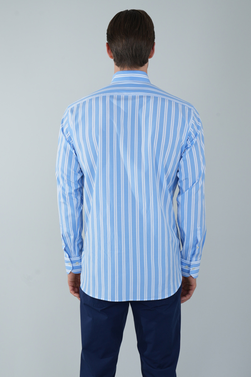 Uzun Kol Paşa Yaka Cepsiz Mavi Pamuk Erkek Gömlek (1)