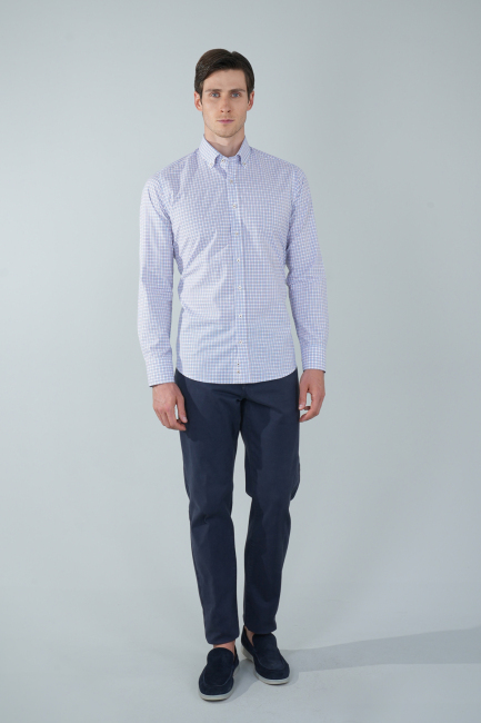 Uzun Kol Paşa Yaka Cepsiz Mavi Pamuk Erkek Gömlek - 5