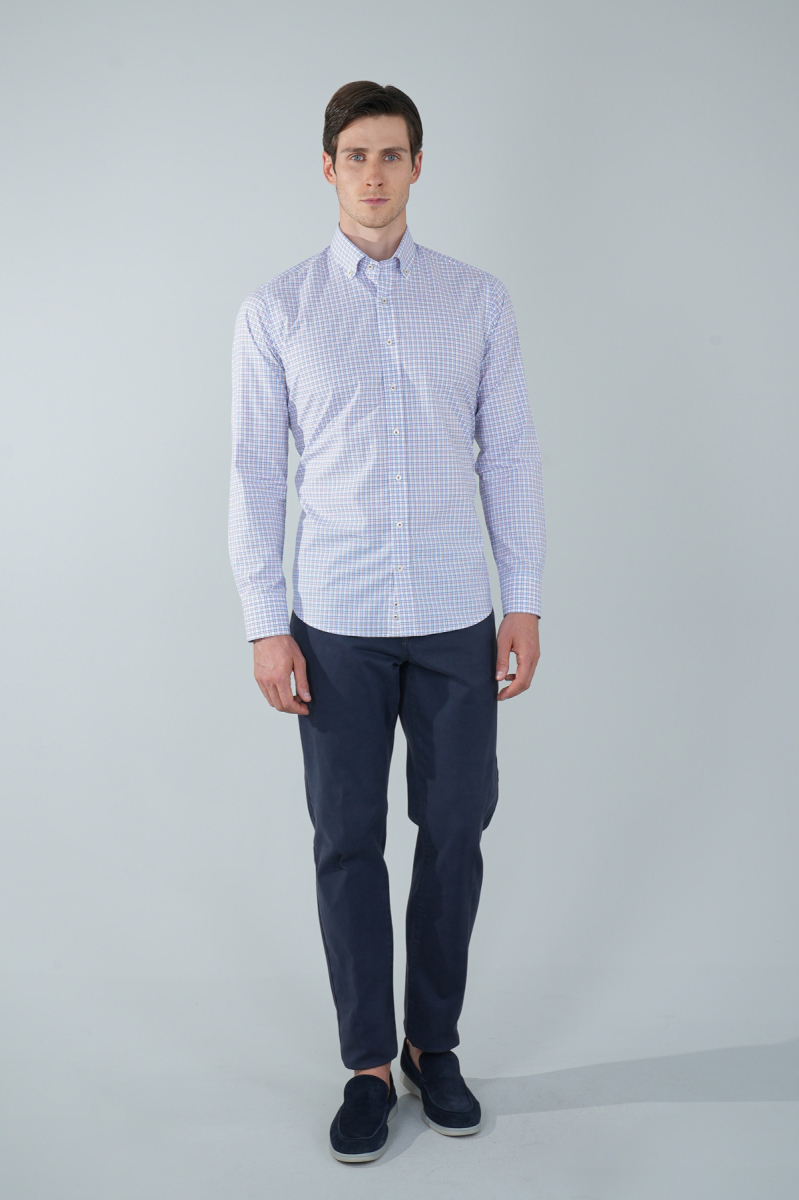 Uzun Kol Paşa Yaka Cepsiz Mavi Pamuk Erkek Gömlek - 5