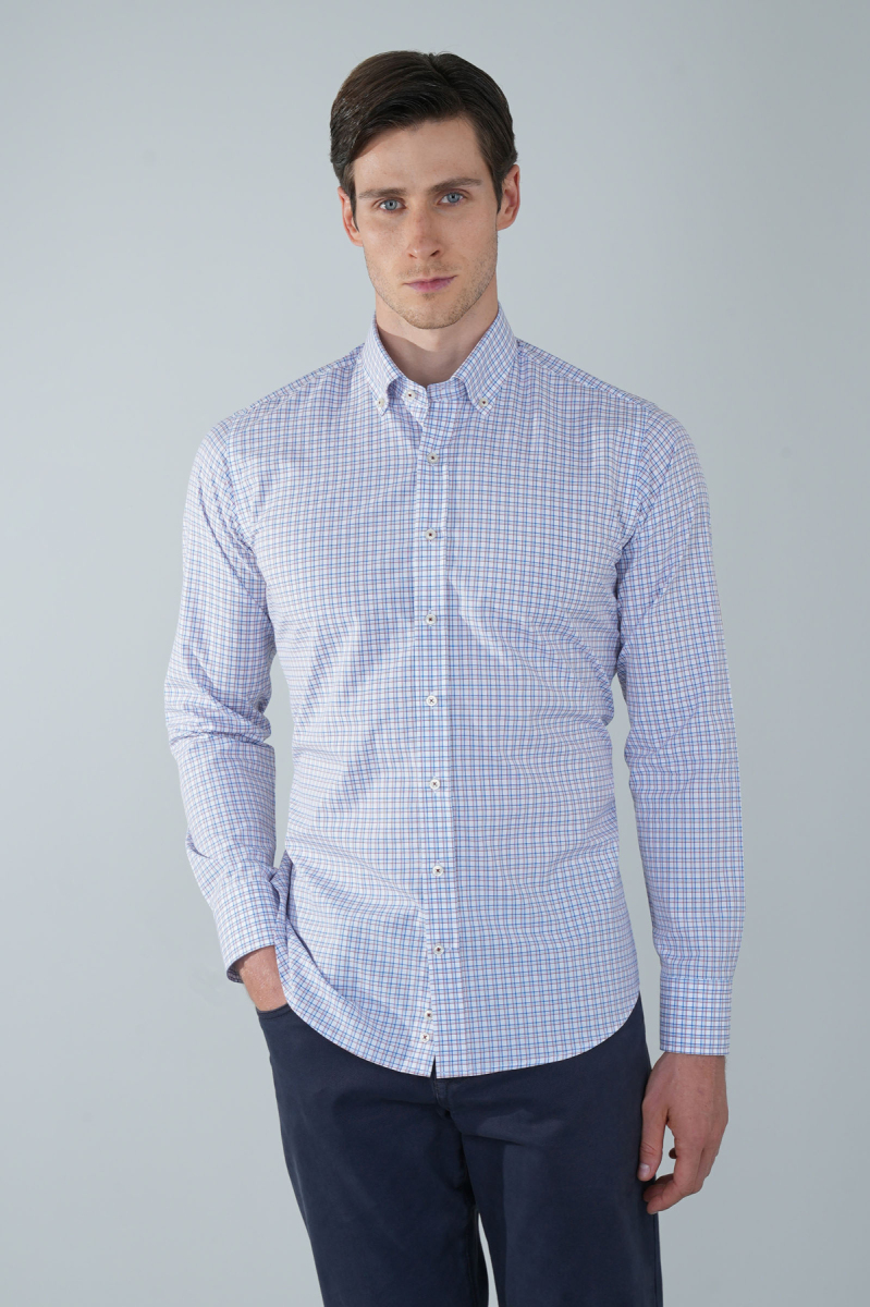 Uzun Kol Paşa Yaka Cepsiz Mavi Pamuk Erkek Gömlek