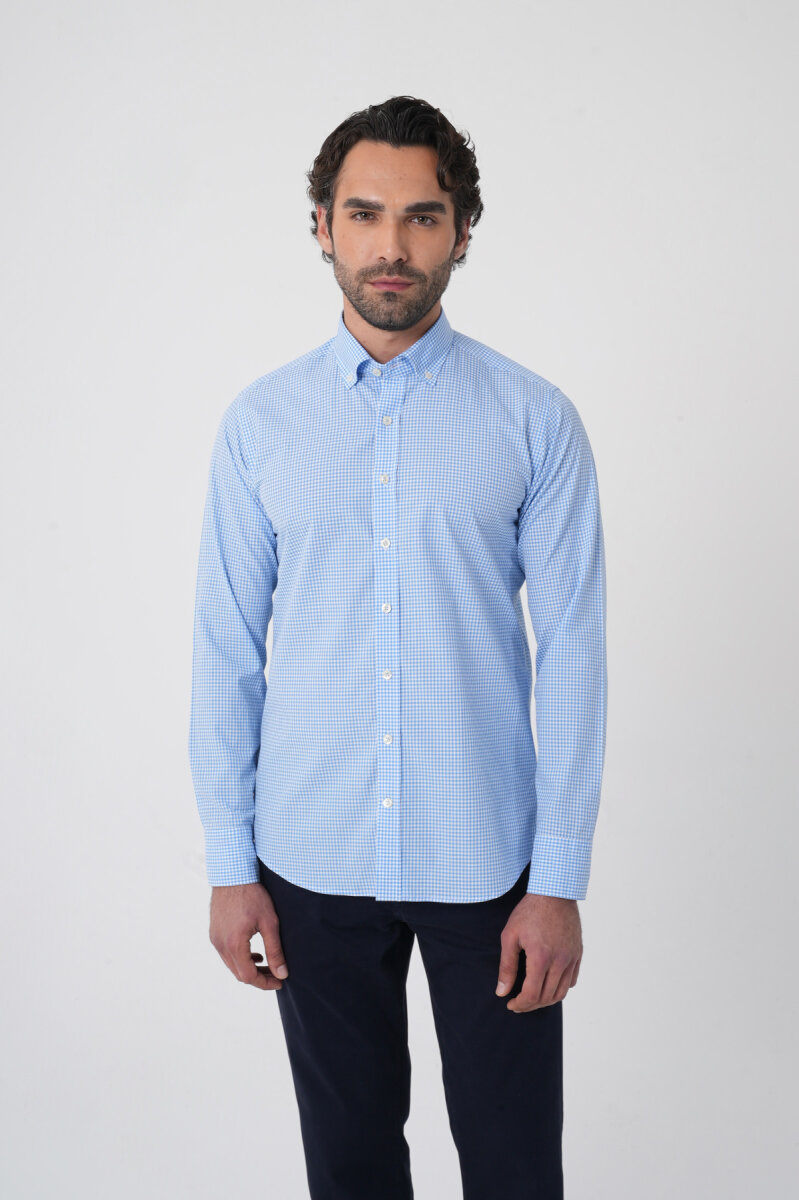 Erkek Regular Fit Uzun Kol Paşa Yaka Pamuk Mavi Gömlek