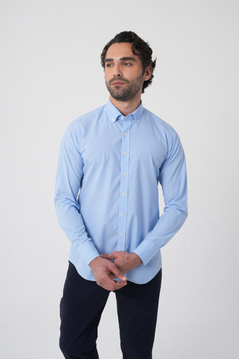 Erkek Regular Fit Uzun Kol Paşa Yaka Pamuk Mavi Gömlek (1)