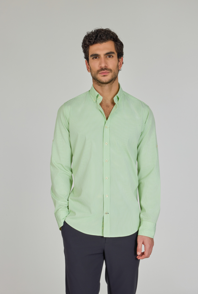 Regular Fit Paşa Yaka Cepsiz Yeşil Erkek Gömlek - 1