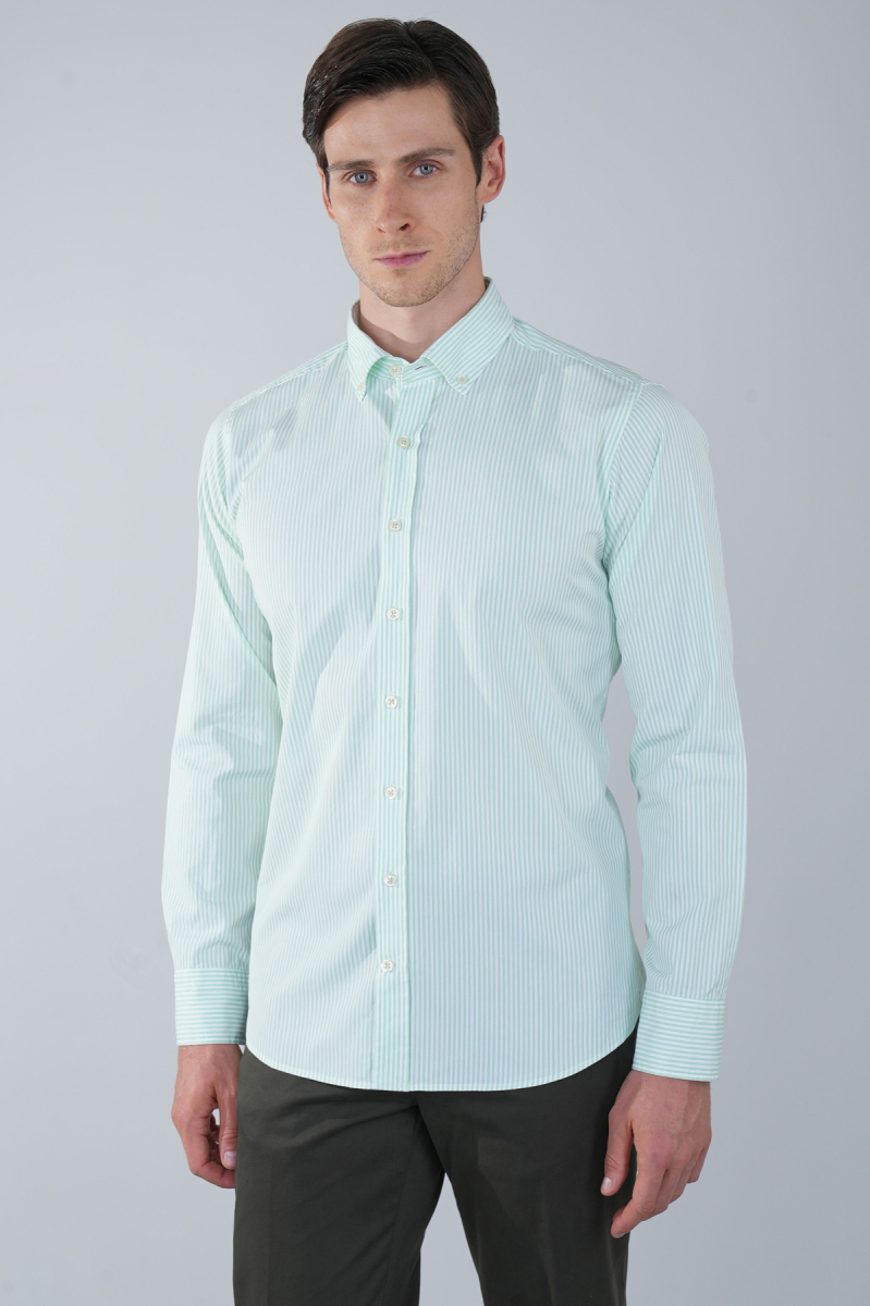 Uzun Kol Paşa Yaka Cepsiz Yeşil Pamuk Erkek Gömlek