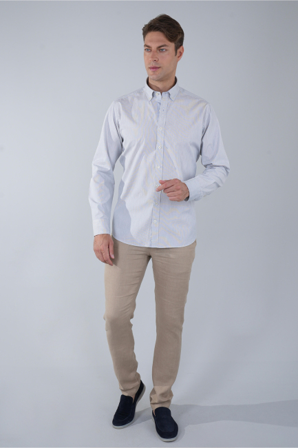 Uzun Kol Paşa Yaka Cepsiz Gri Pamuk Erkek Gömlek - 5