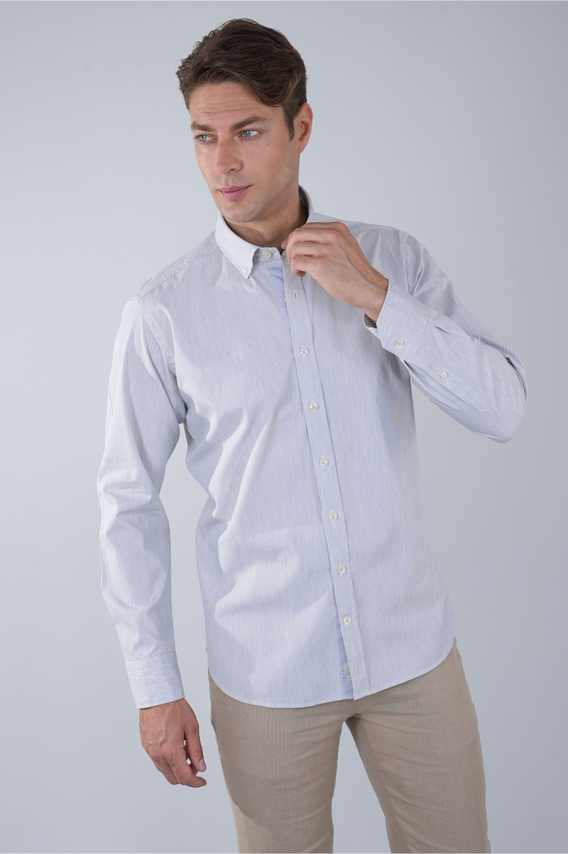 Uzun Kol Paşa Yaka Cepsiz Gri Pamuk Erkek Gömlek