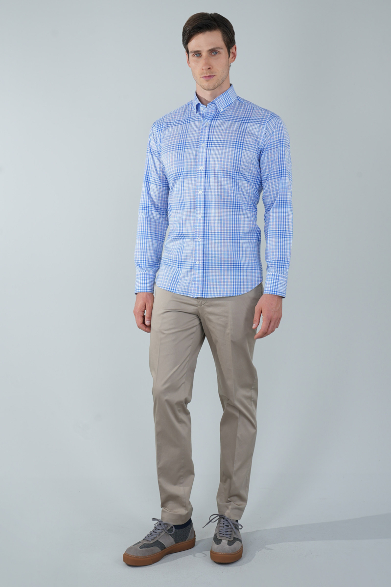 Uzun Kol Paşa Yaka Cepsiz Mavi Pamuk Erkek Gömlek - 5