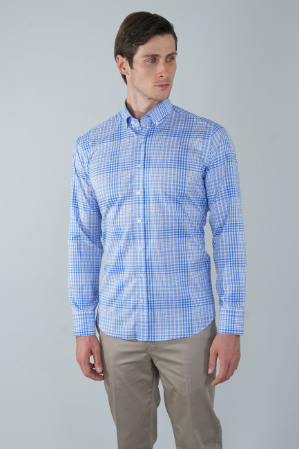 Uzun Kol Paşa Yaka Cepsiz Mavi Pamuk Erkek Gömlek - 1