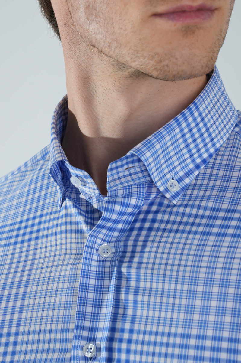 Uzun Kol Paşa Yaka Cepsiz Mavi Pamuk Erkek Gömlek - 3