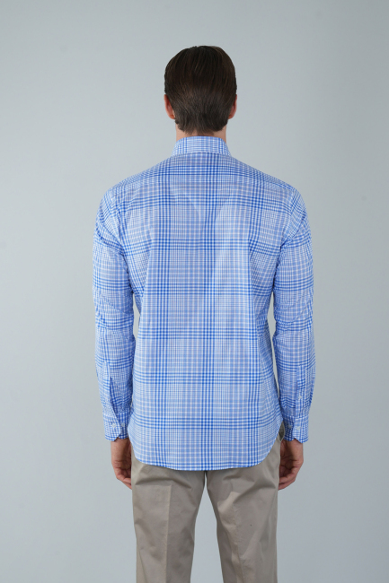 Uzun Kol Paşa Yaka Cepsiz Mavi Pamuk Erkek Gömlek - 2