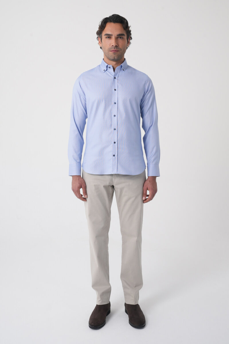 Uzun Kol Paşa Yaka Mavi Cepsiz Erkek Gömlek - 3