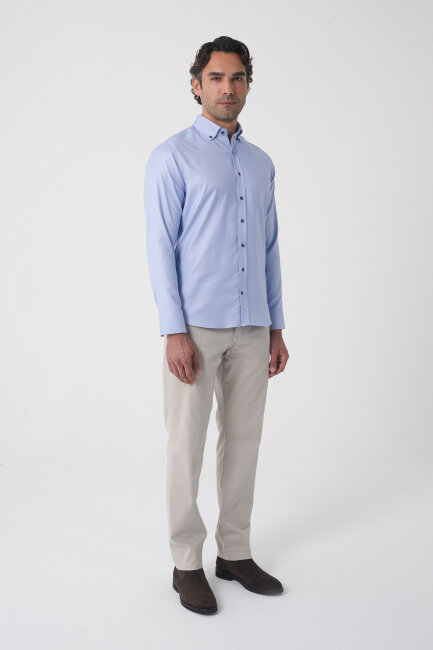 Uzun Kol Paşa Yaka Mavi Cepsiz Erkek Gömlek - 4