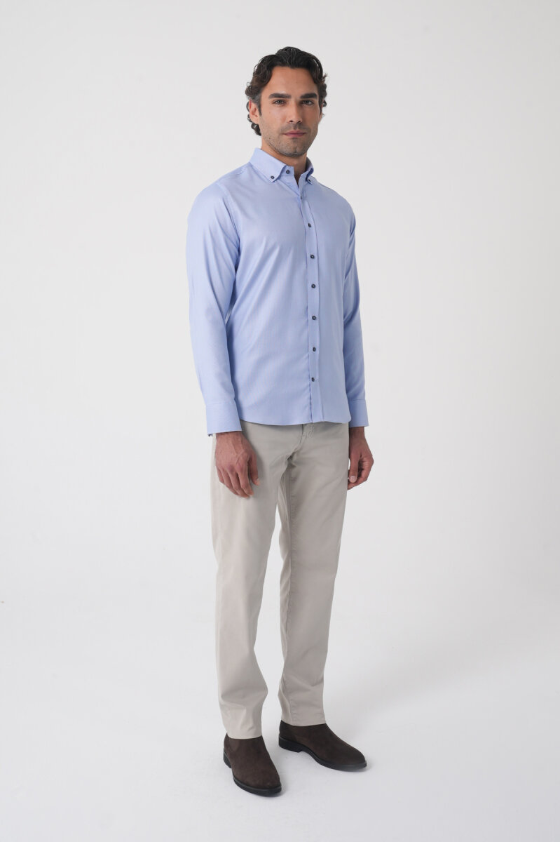 Uzun Kol Paşa Yaka Mavi Cepsiz Erkek Gömlek - 4
