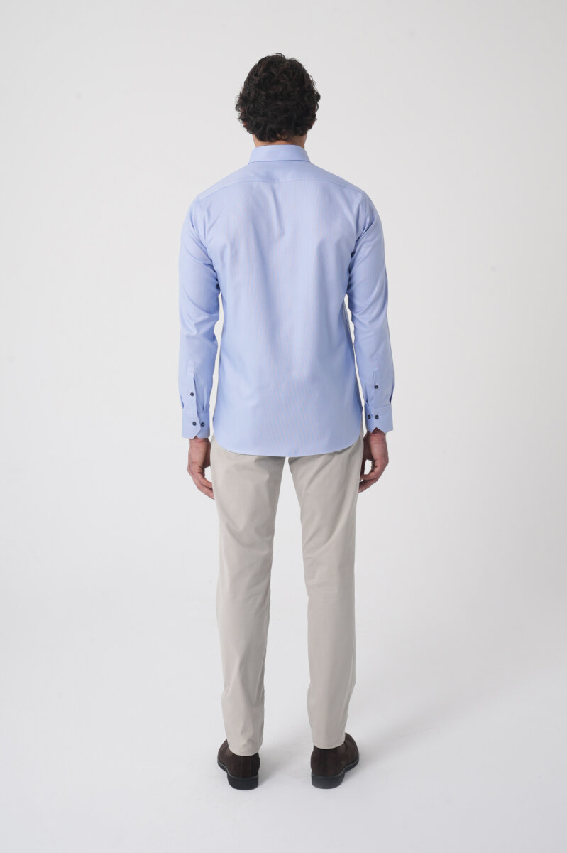 Uzun Kol Paşa Yaka Mavi Cepsiz Erkek Gömlek - 7