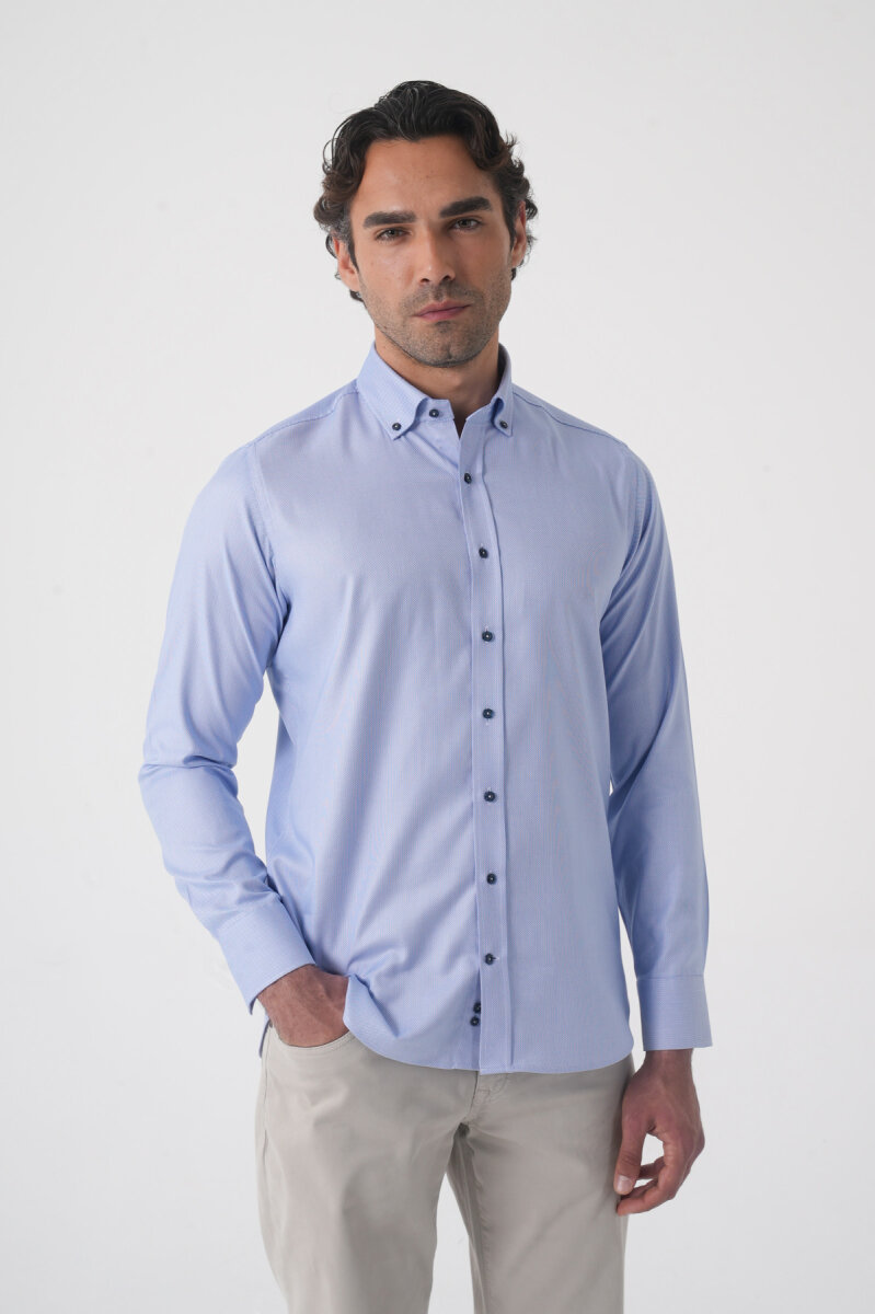 Uzun Kol Paşa Yaka Mavi Cepsiz Erkek Gömlek - 2