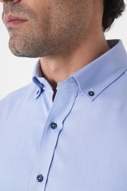 Uzun Kol Paşa Yaka Mavi Cepsiz Erkek Gömlek - 6