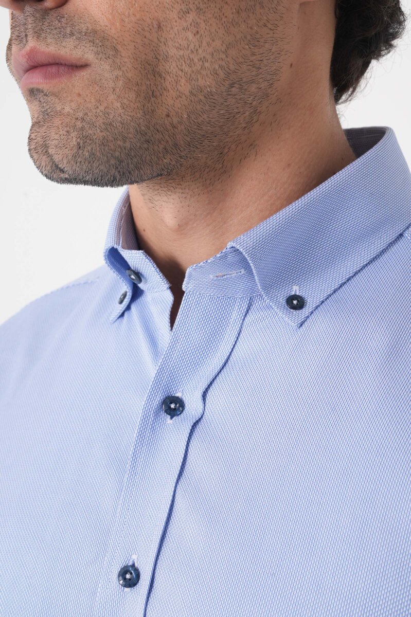 Uzun Kol Paşa Yaka Mavi Cepsiz Erkek Gömlek - 6