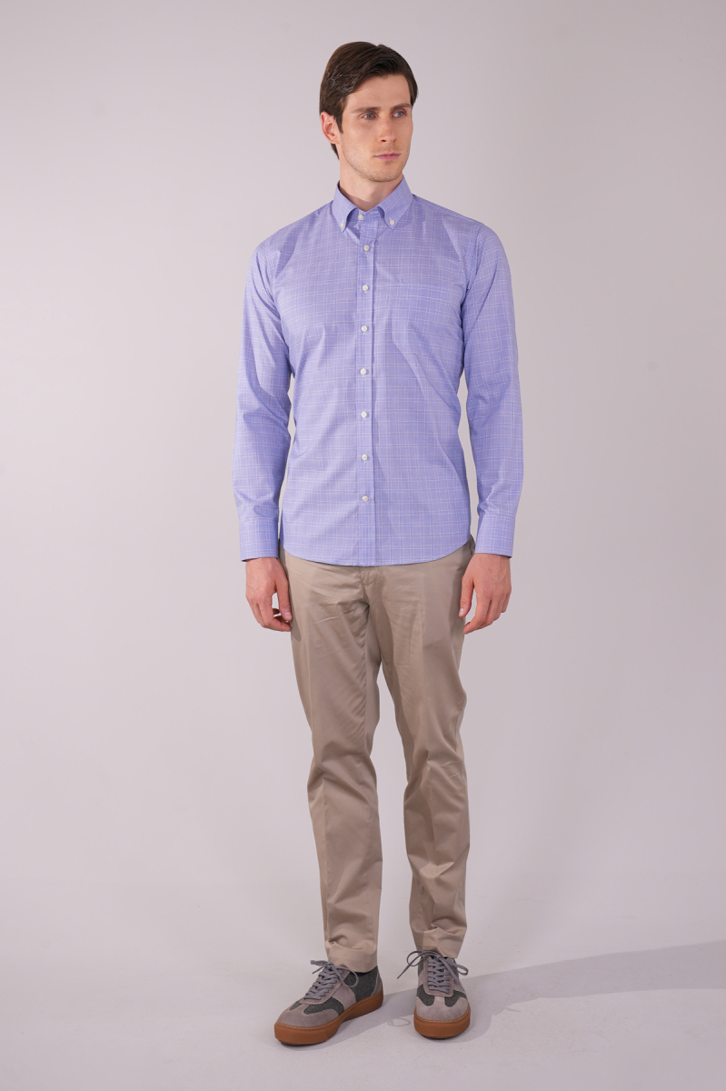 Uzun Kol Paşa Yaka Tek Cep Mavi Pamuk Erkek Gömlek - 5