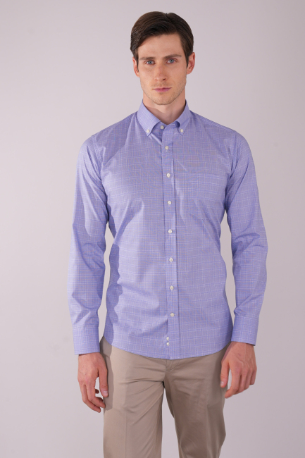 Uzun Kol Paşa Yaka Tek Cep Mavi Pamuk Erkek Gömlek - 1