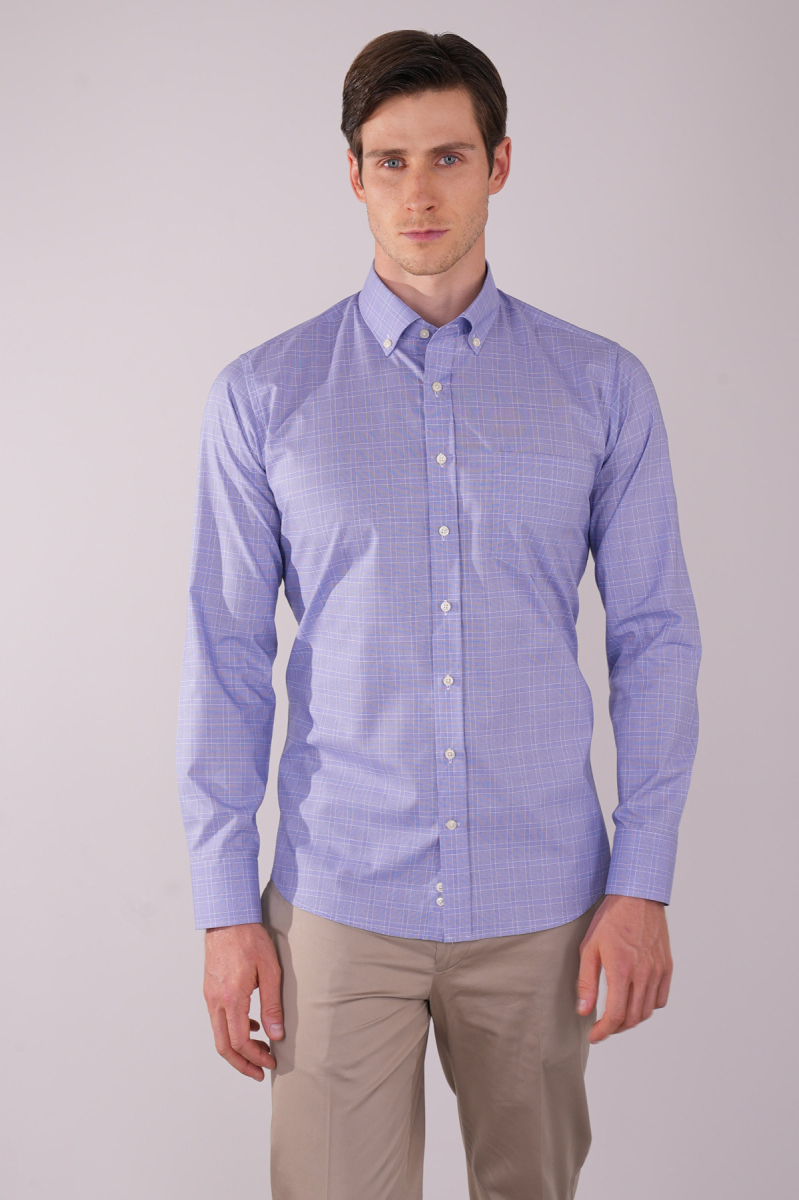 Uzun Kol Paşa Yaka Tek Cep Mavi Pamuk Erkek Gömlek