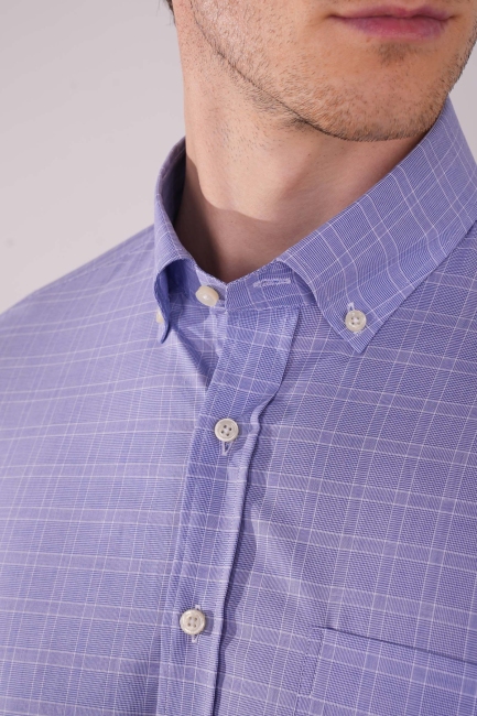 Uzun Kol Paşa Yaka Tek Cep Mavi Pamuk Erkek Gömlek - 3