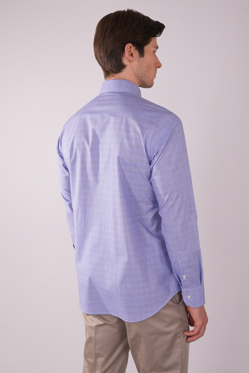 Uzun Kol Paşa Yaka Tek Cep Mavi Pamuk Erkek Gömlek (1)