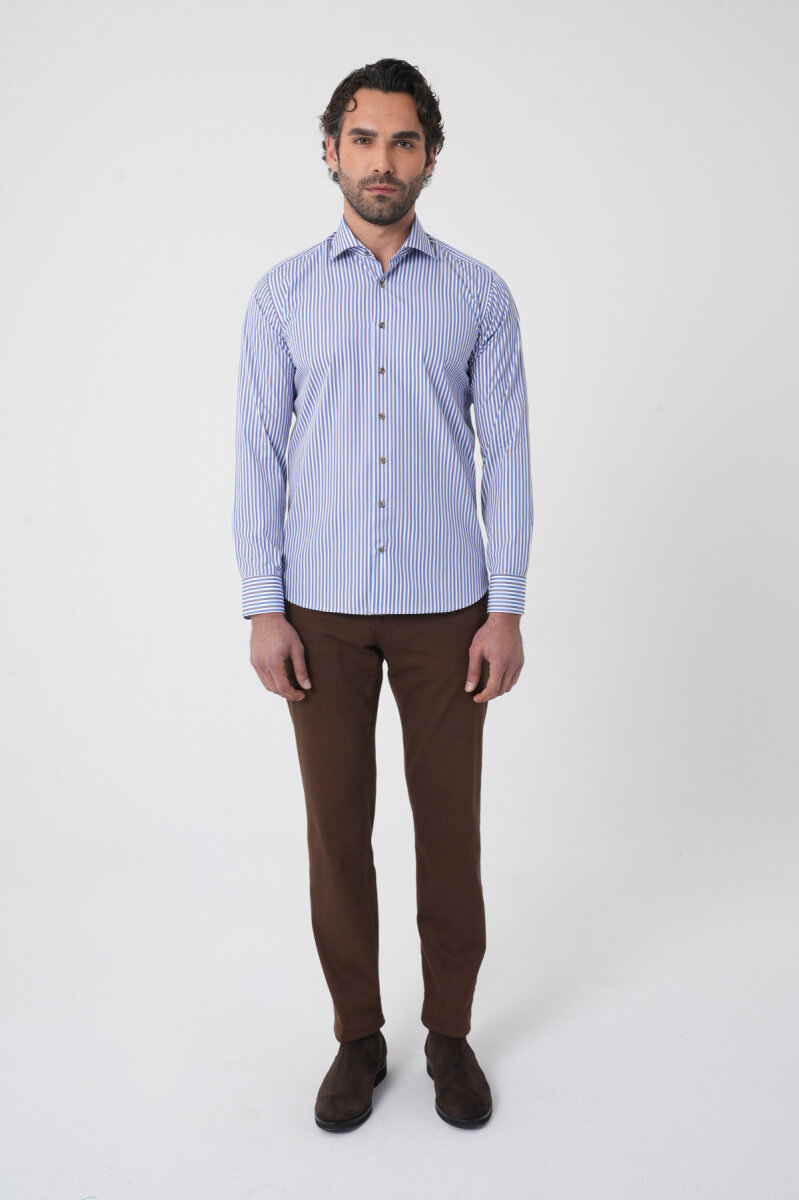 Uzun Kollu İtalyan Yaka Mavi Desenli Erkek Gömlek - 3