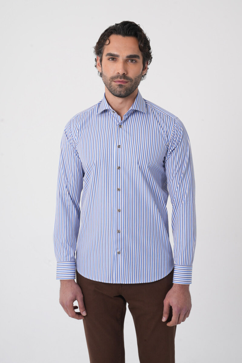 Uzun Kollu İtalyan Yaka Mavi Desenli Erkek Gömlek