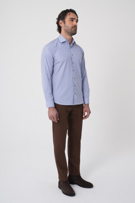 Uzun Kollu İtalyan Yaka Mavi Desenli Erkek Gömlek - 4