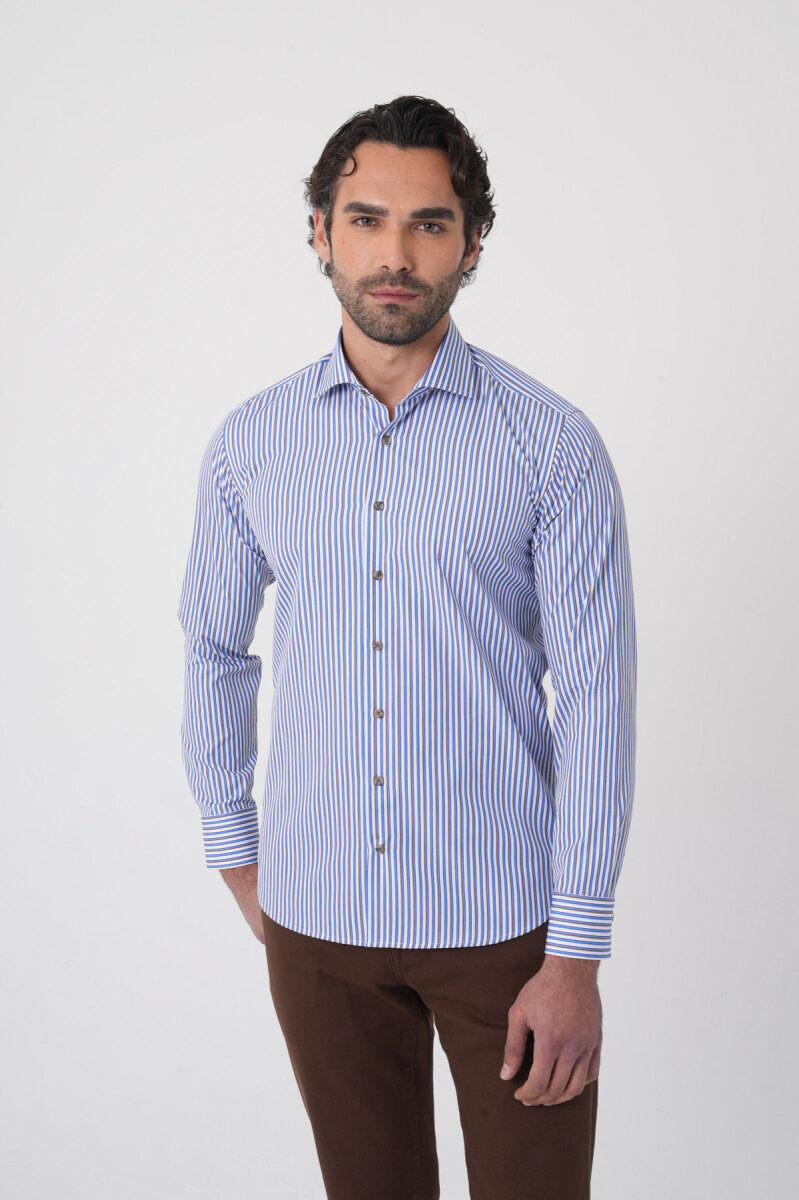 Uzun Kollu İtalyan Yaka Mavi Desenli Erkek Gömlek (1)
