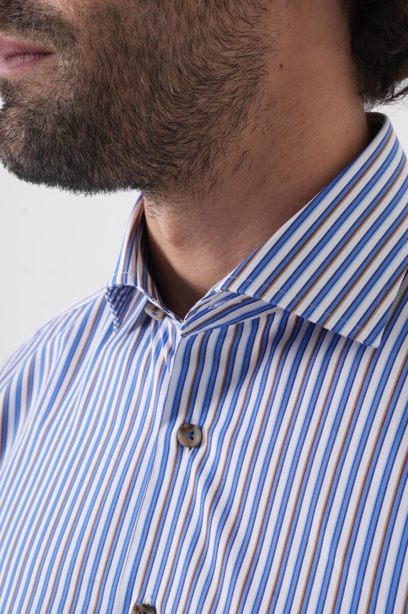 Uzun Kollu İtalyan Yaka Mavi Desenli Erkek Gömlek - 6