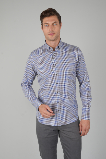 Uzun Kollu Kahve Kareli Regular Fit Erkek Gömlek - 1