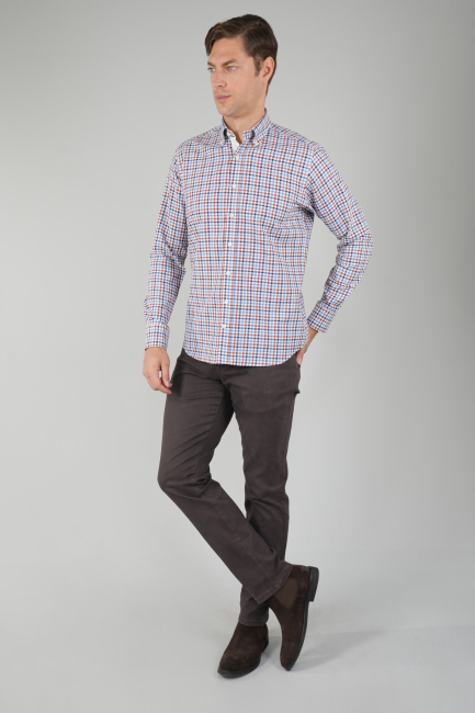 Uzun Kollu Kareli Regular Fit  Erkek Pamuk Gömlek Kiremit - 5