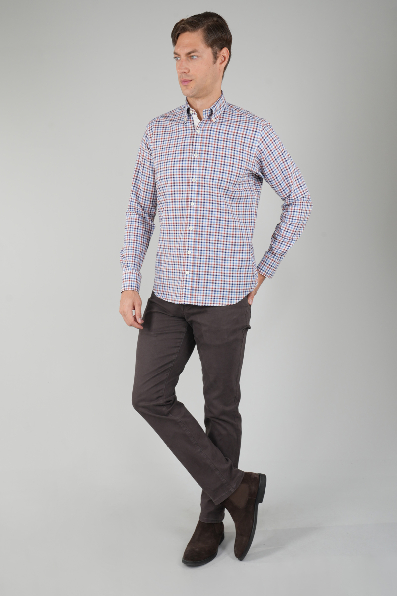 Uzun Kollu Kareli Regular Fit  Erkek Pamuk Gömlek Kiremit - 5