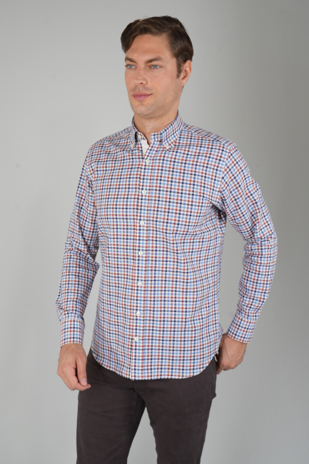 Uzun Kollu Kareli Regular Fit  Erkek Pamuk Gömlek Kiremit