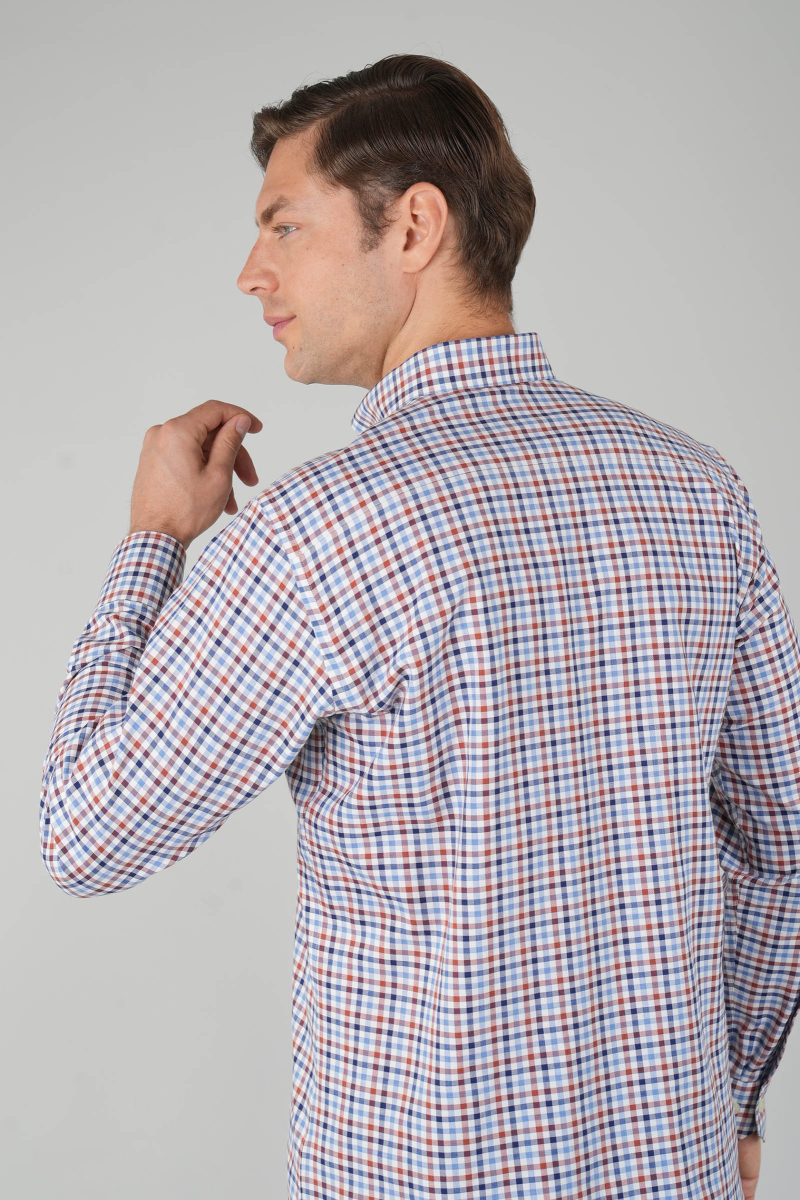 Uzun Kollu Kareli Regular Fit  Erkek Pamuk Gömlek Kiremit - 2