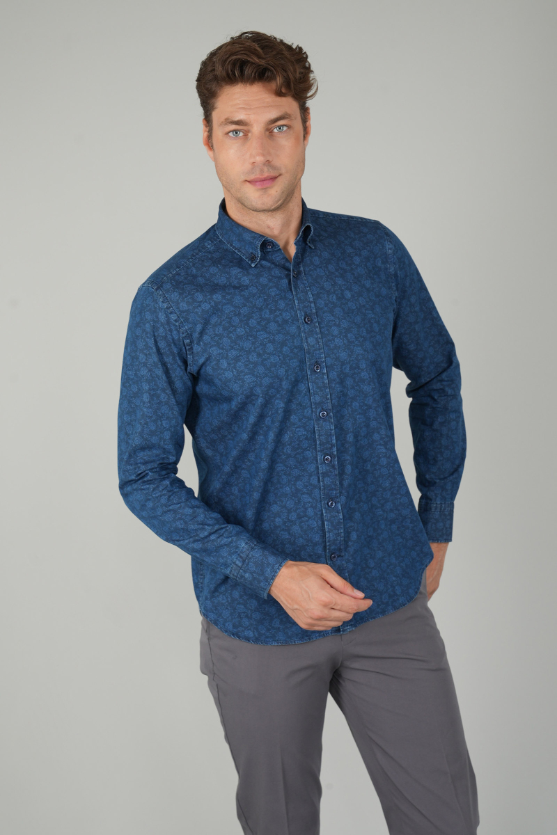 Uzun Kollu Lacivert Denim Desenli Erkek Gömlek - 1