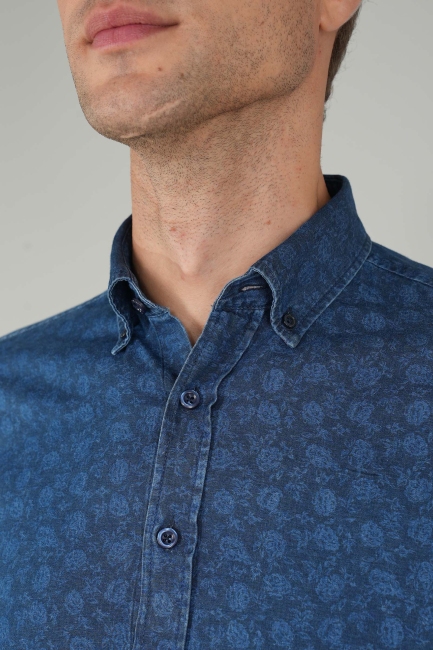 Uzun Kollu Lacivert Denim Desenli Erkek Gömlek - 3