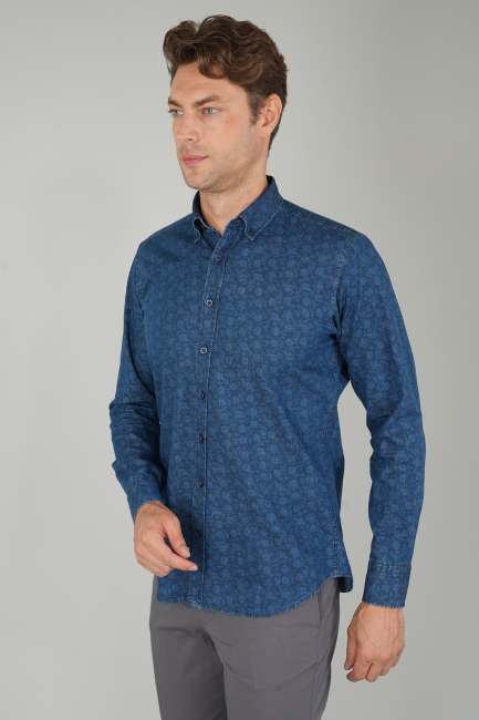 Uzun Kollu Lacivert Denim Desenli Erkek Gömlek - 5