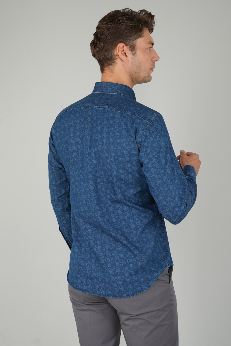 Uzun Kollu Lacivert Denim Desenli Erkek Gömlek - 2
