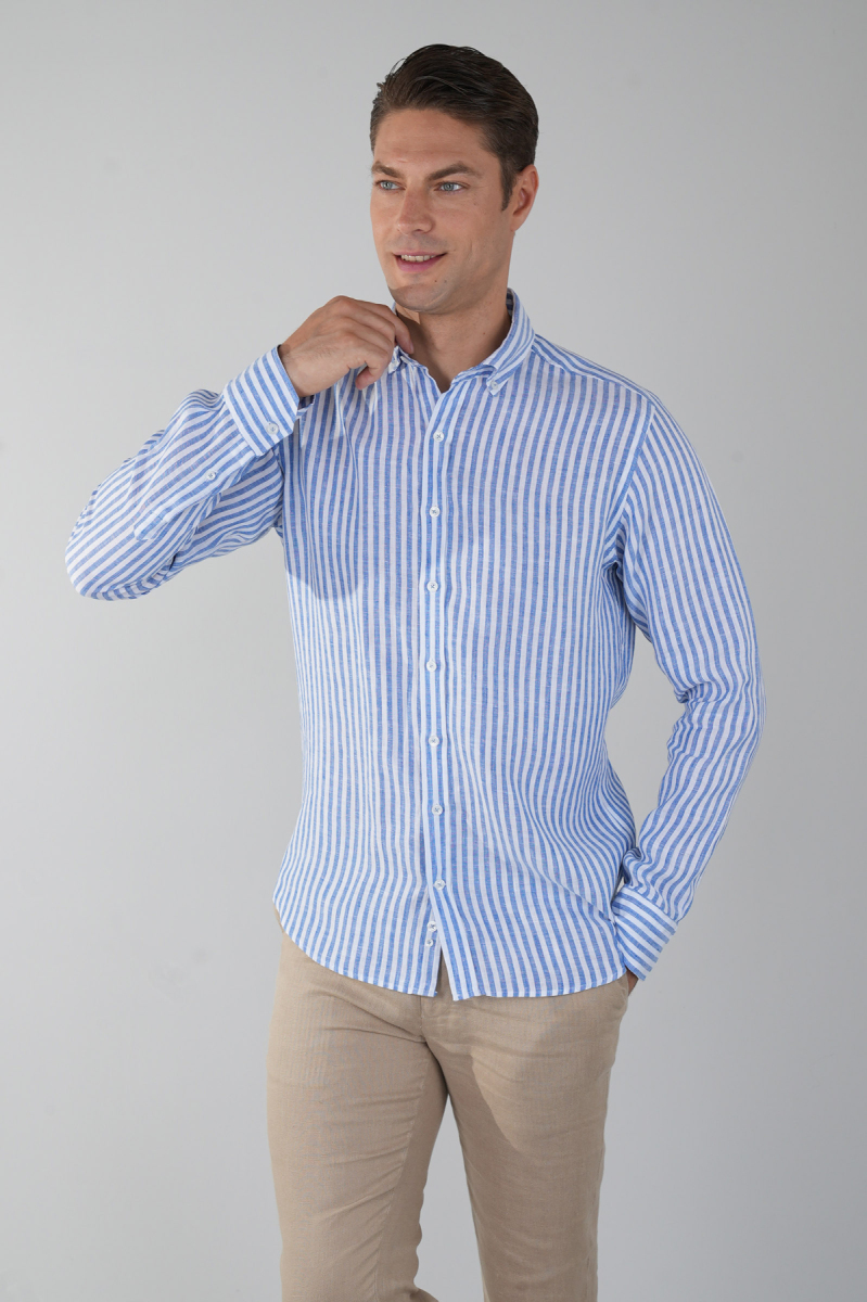 Uzun Kollu Paşa Yaka Cepsiz Sedef Düğmeli Erkek Keten Gömlek Lacivert - 5