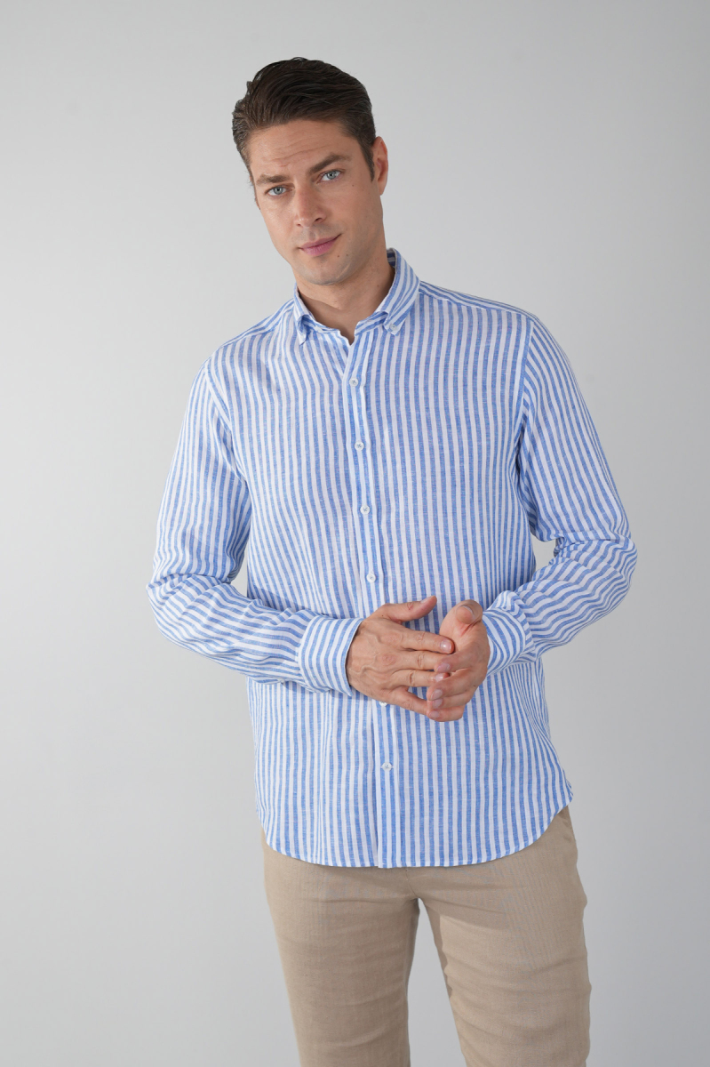 Uzun Kollu Paşa Yaka Cepsiz Sedef Düğmeli Erkek Keten Gömlek Lacivert